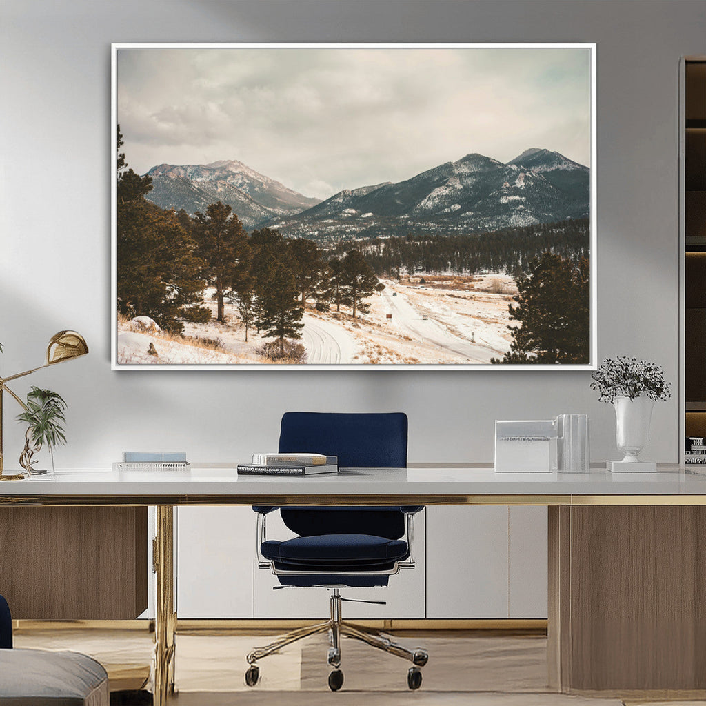 Mountain Landscape Wall Art Canvas Print, Framed Snowy Peaks Alpine Winter