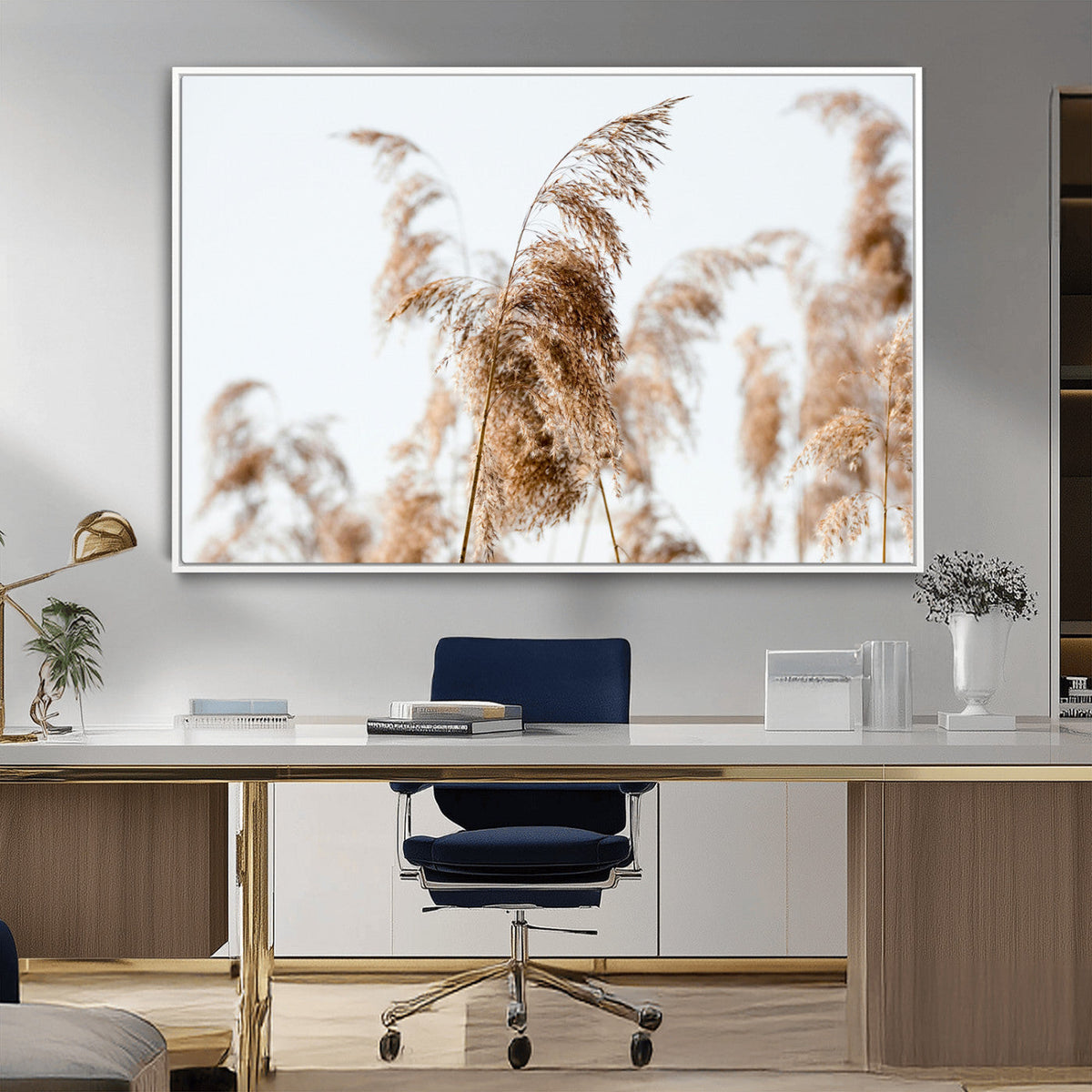 Pampas Grass Wall Art Canvas Print, Framed Neutral Tones Minimalist Boho