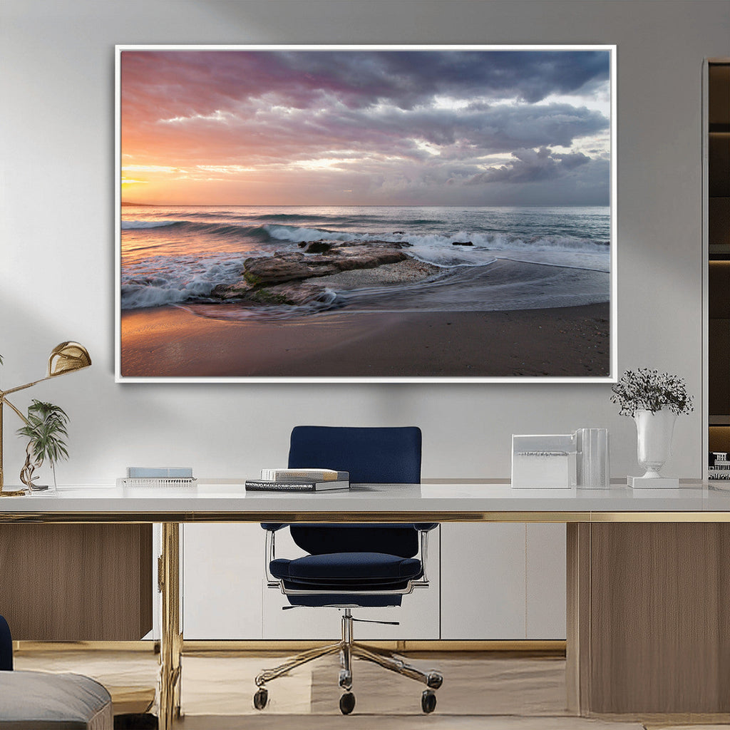Golden Hour Wall Art Canvas Print, Framed Tranquil Waves Beach Sunset