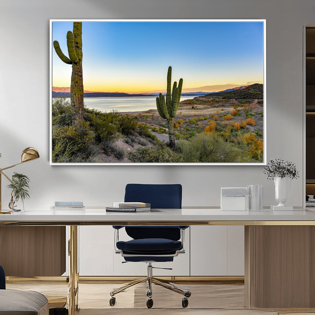 Saguaro Cactus Wall Art Canvas Print, Framed Desert Sunset Southwestern