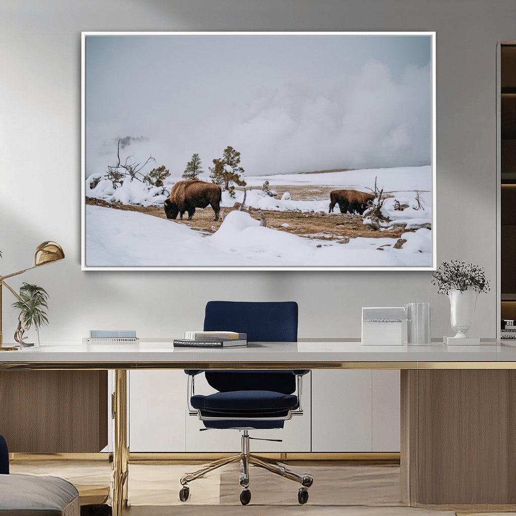 Bison Wildlife Wall Art Canvas Print, Framed Snowy Prairie Art, Western Landscape Decor