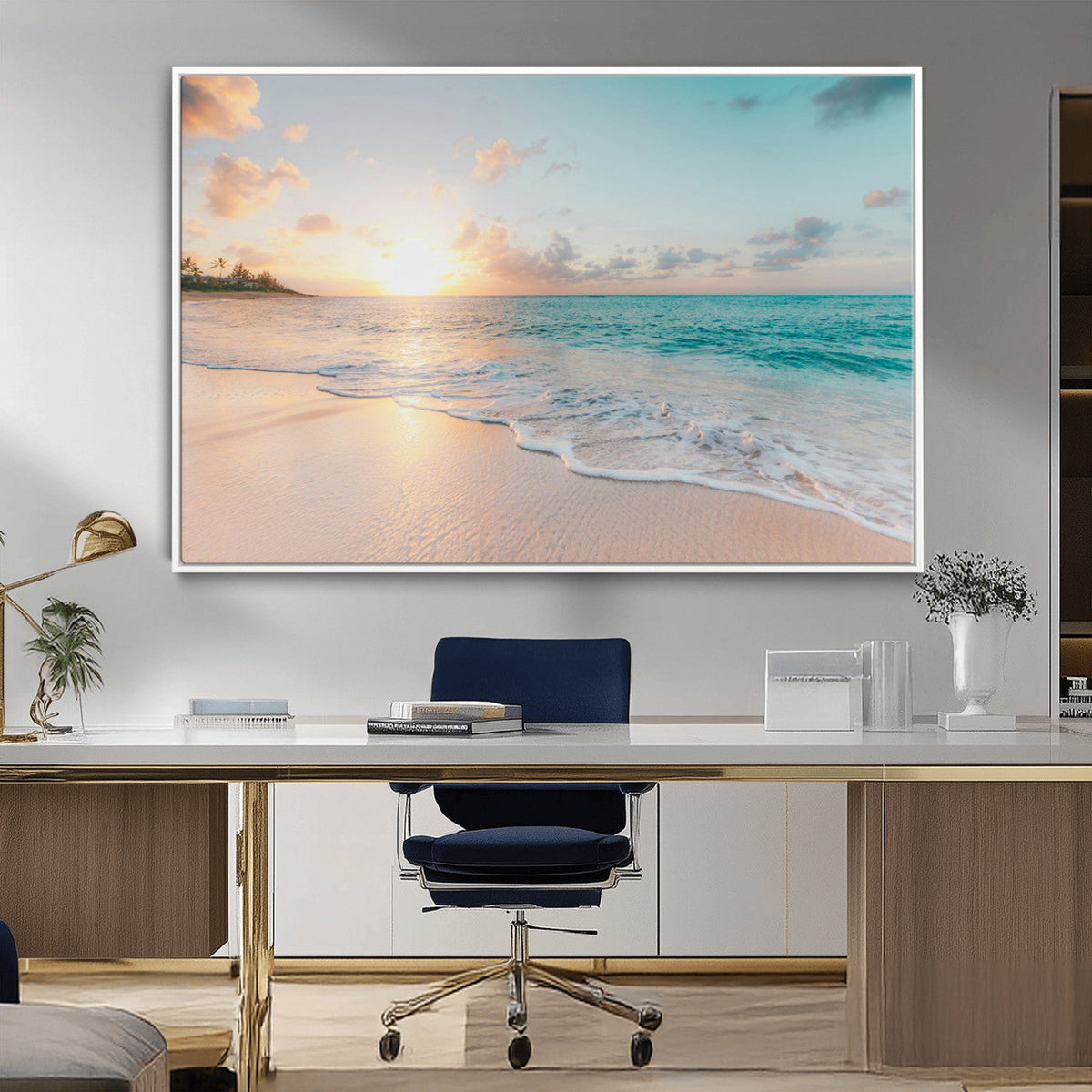 Beach Sunset Wall Art Canvas Print, Framed Ocean Waves Summer Escape