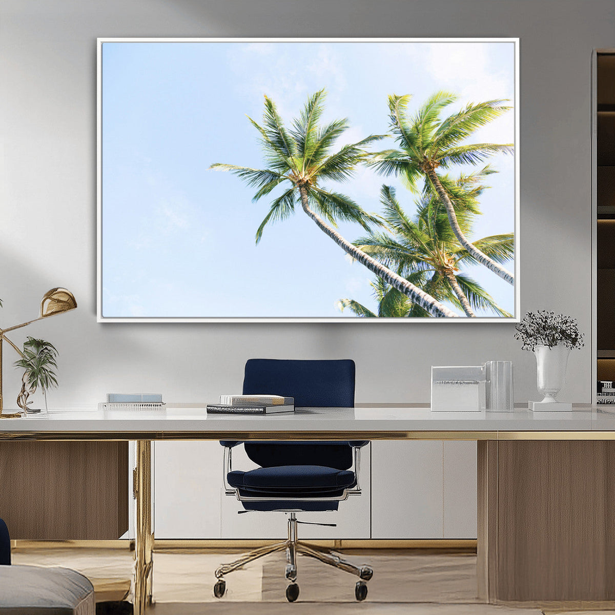 Palm Trees Wall Art Canvas Print, Framed Tropical Coastal Scene Under Blue Sky