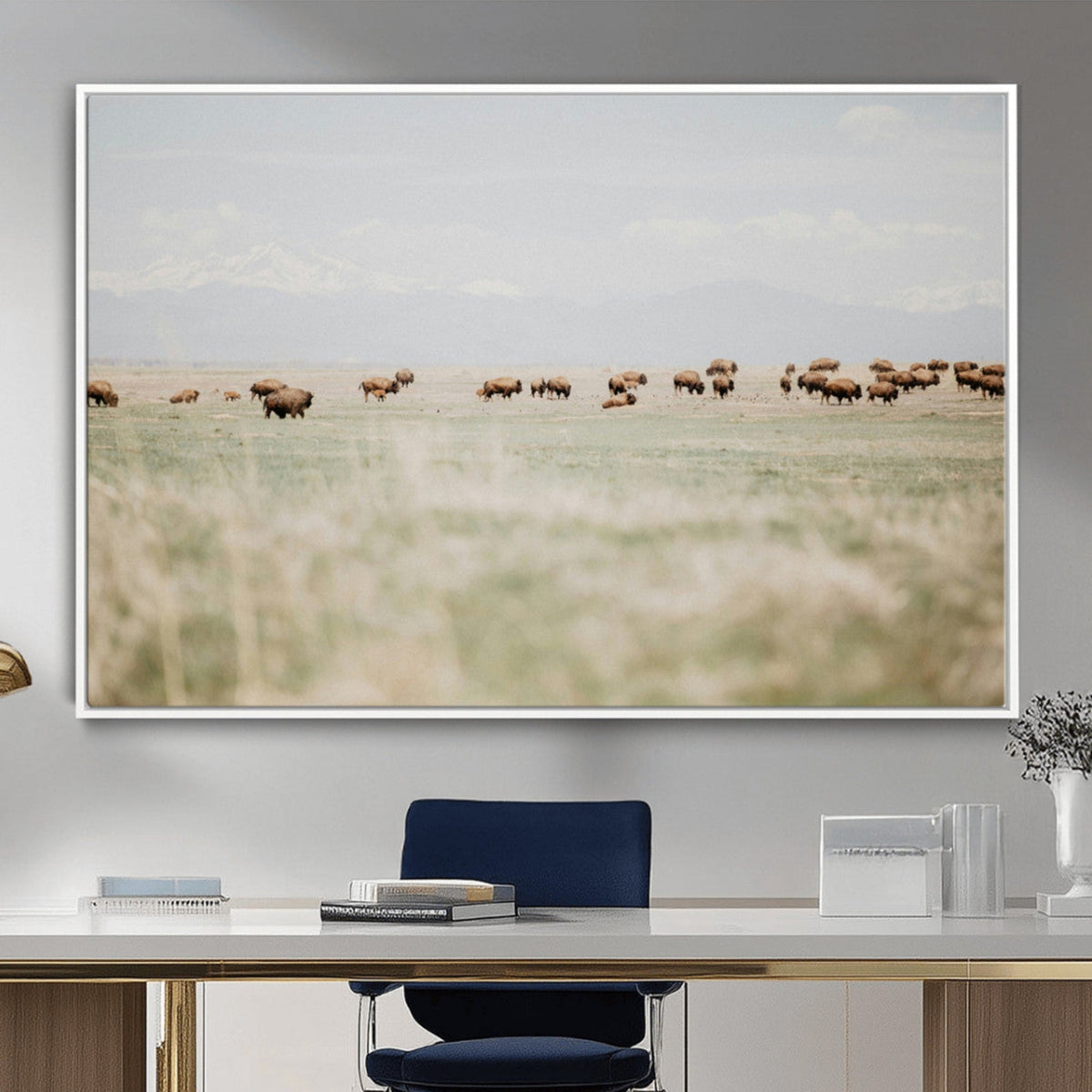 Bison Herd Wall Art Canvas Print, Framed Western Landscape with Bison in Grassland
