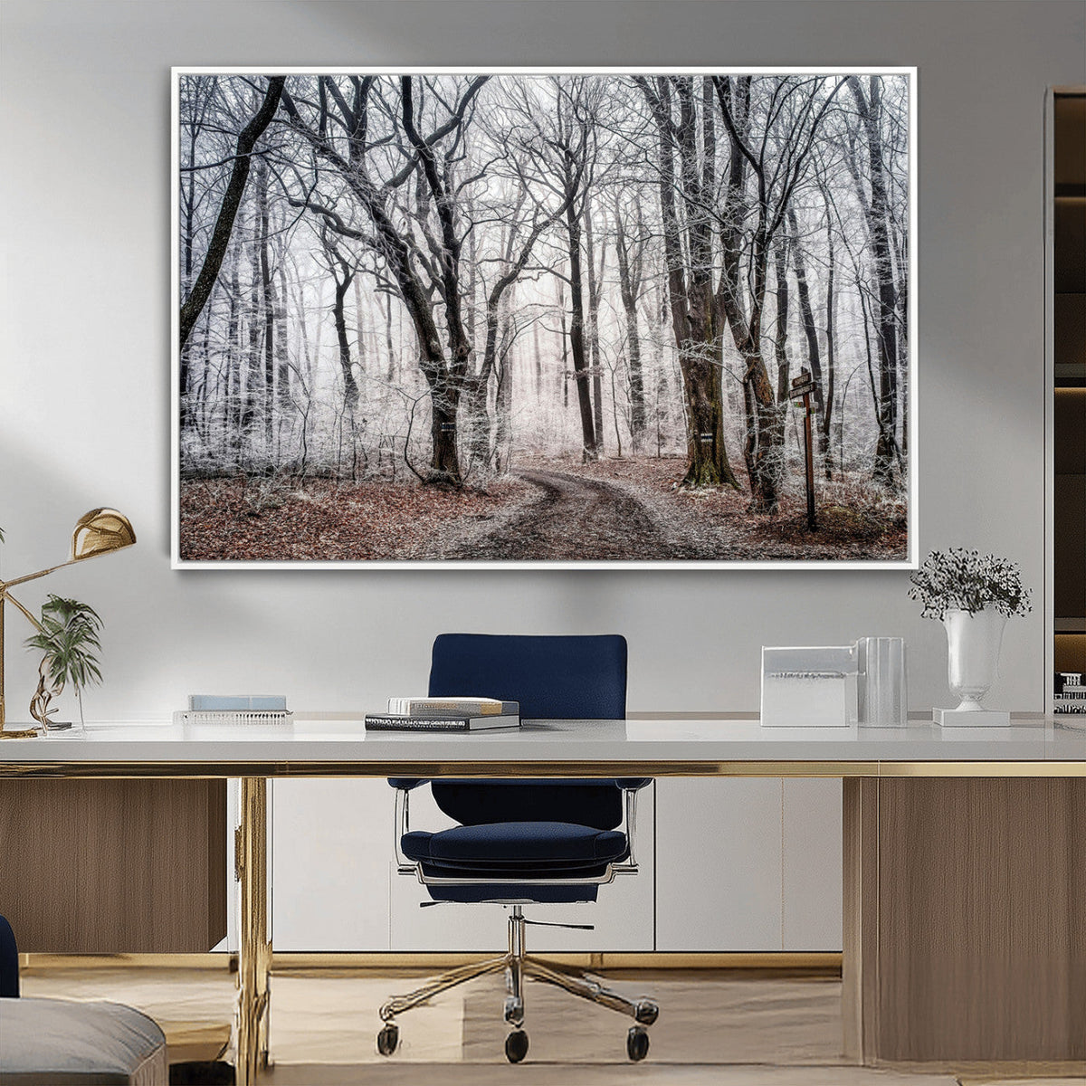Winter Forest Wall Art Canvas Print, Framed Frosty Woodland with Misty Trees