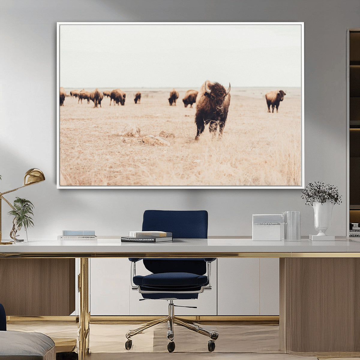 Bison Herd Wall Art Canvas Print, Framed Western Prairie Serenity