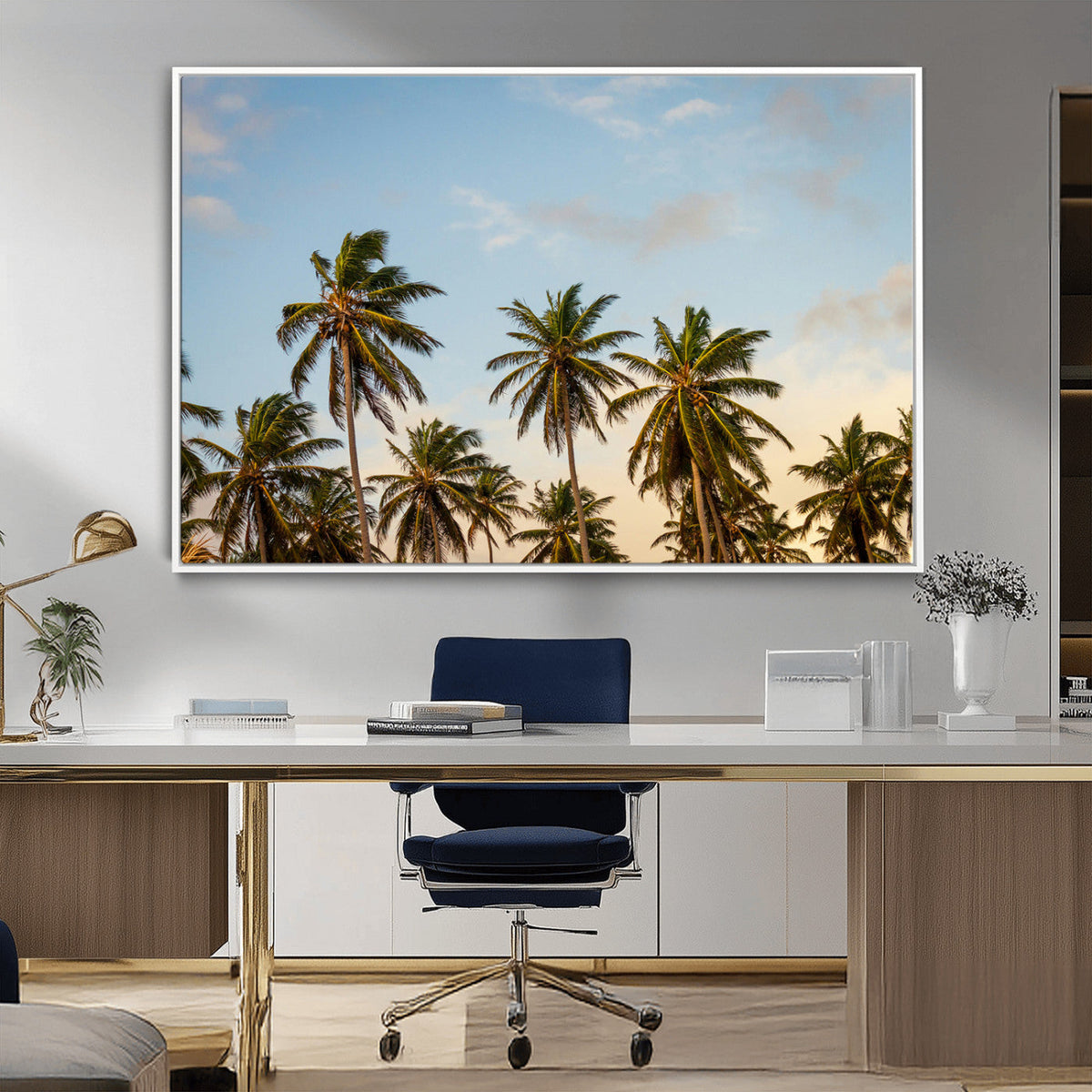 Palm Trees Wall Art Canvas Print, Framed Tropical Vibes Coastal Sunset
