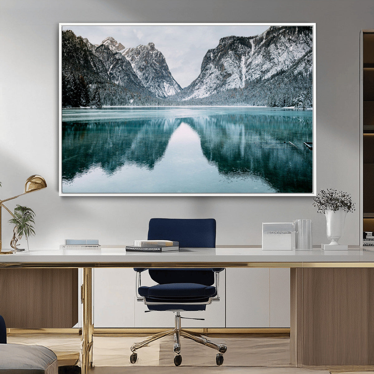Mountain Lake Wall Art Canvas Print, Framed Toblacher See Winter Wonderland