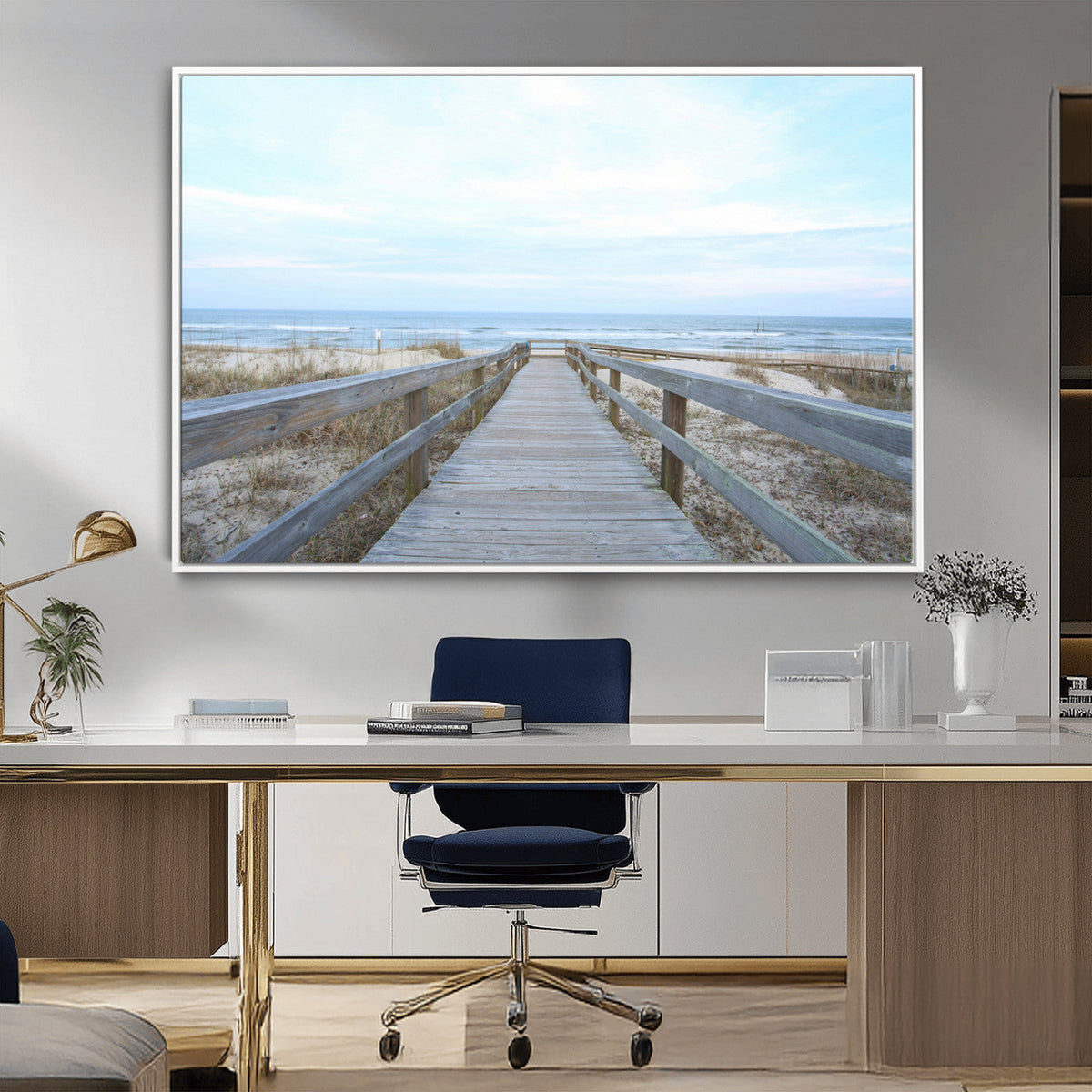 Beach Boardwalk Wall Art Canvas Print, Framed Coastal Serenity Ocean View