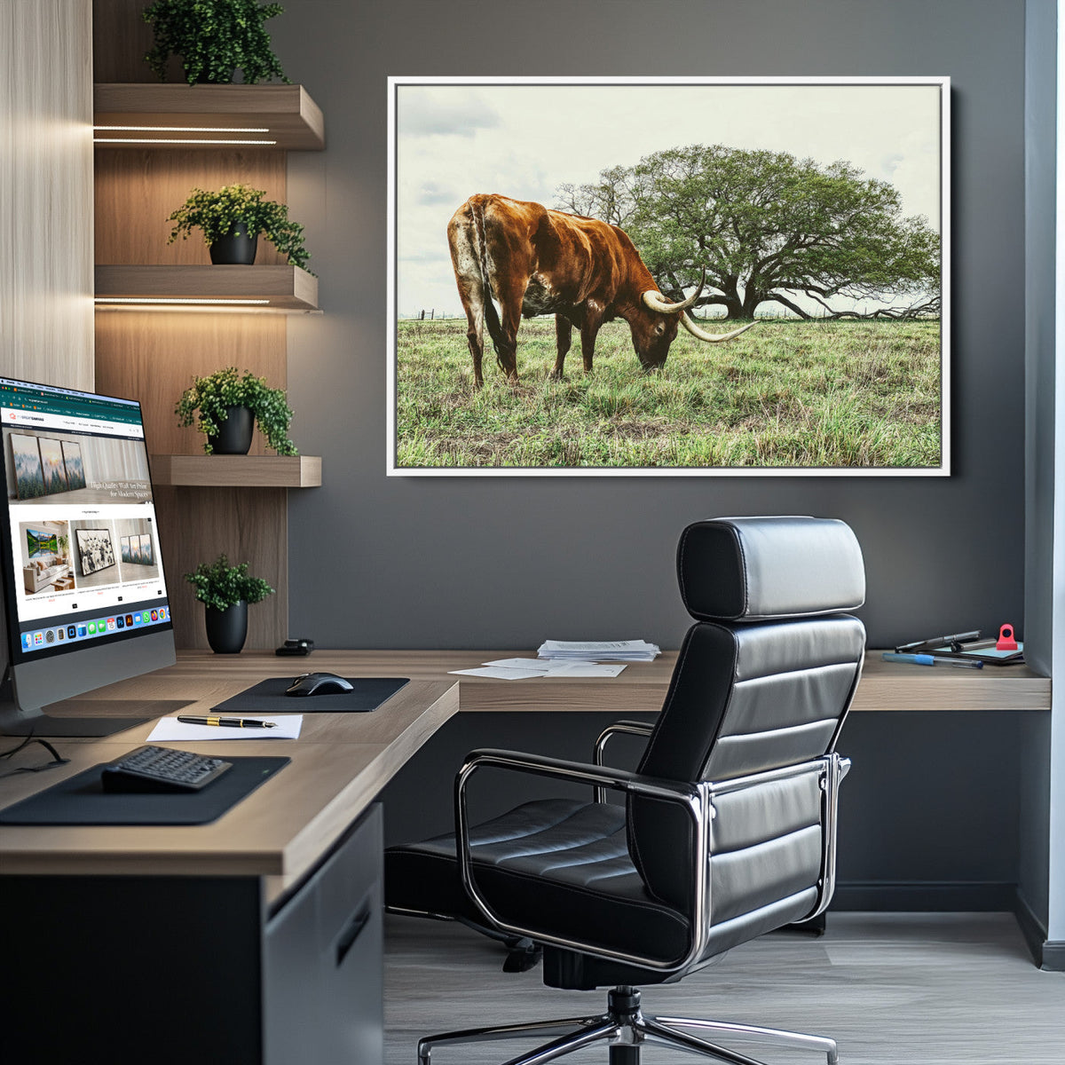 Texas Longhorn Wall Art Canvas Print, Rustic Western Ranch
