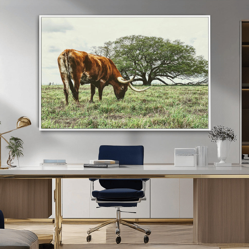 Texas Longhorn Wall Art Canvas Print, Framed Rustic Ranch Western Cattle