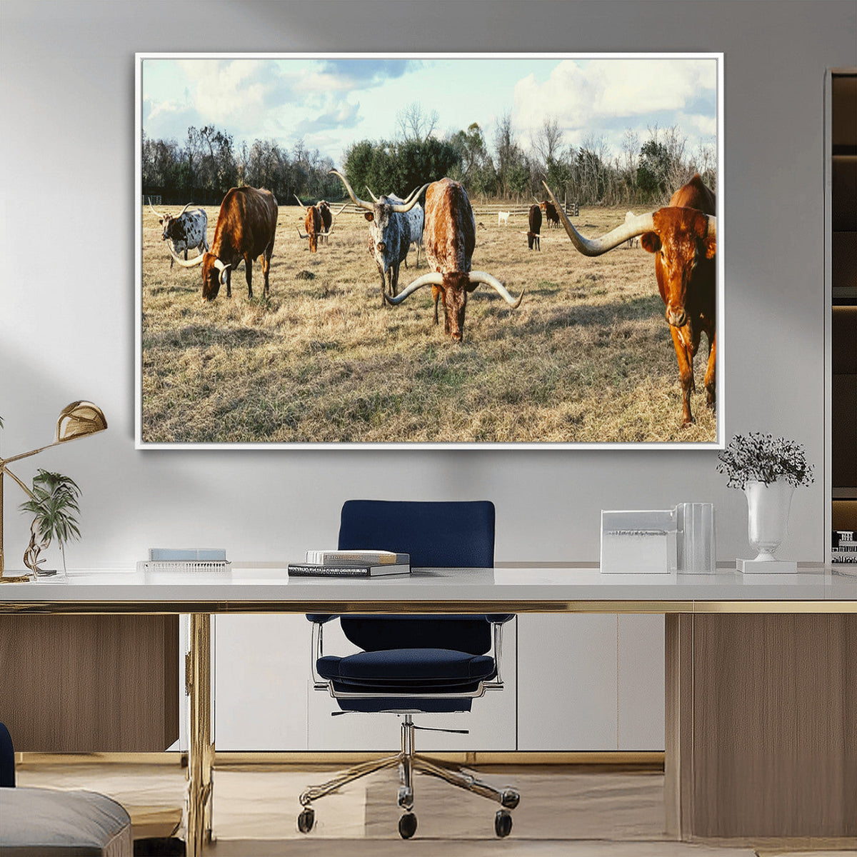 Texas Longhorns Wall Art Canvas Print, Framed Rustic Farm Scene Western Cattle