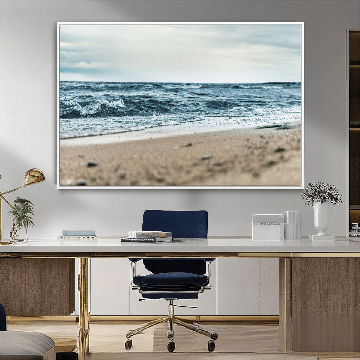 Ocean Wall Art Canvas Print, Framed Moody Seascape with Waves and Horizon