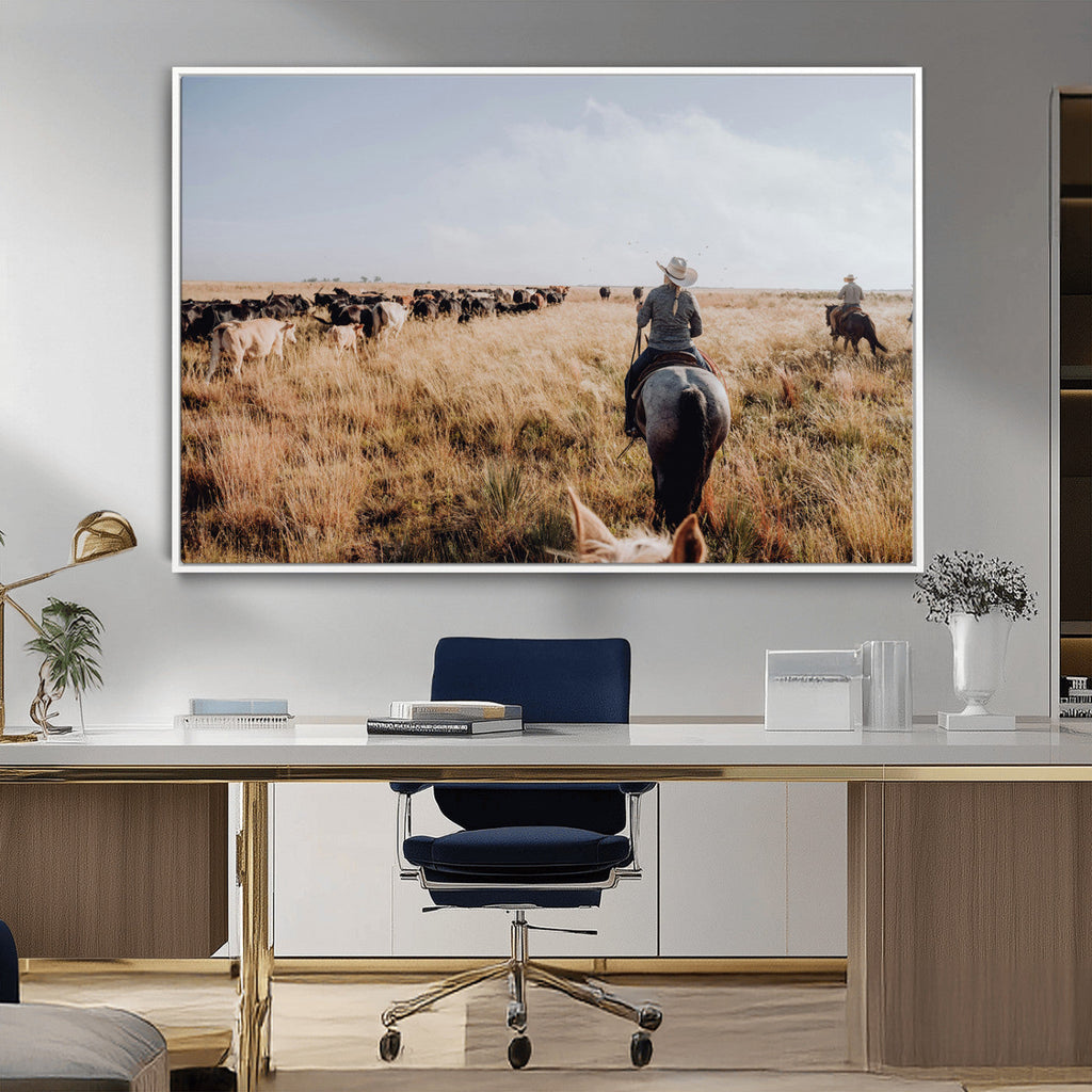 Western Wall Art Canvas Print, Framed Cowboy Cattle Drive Scene