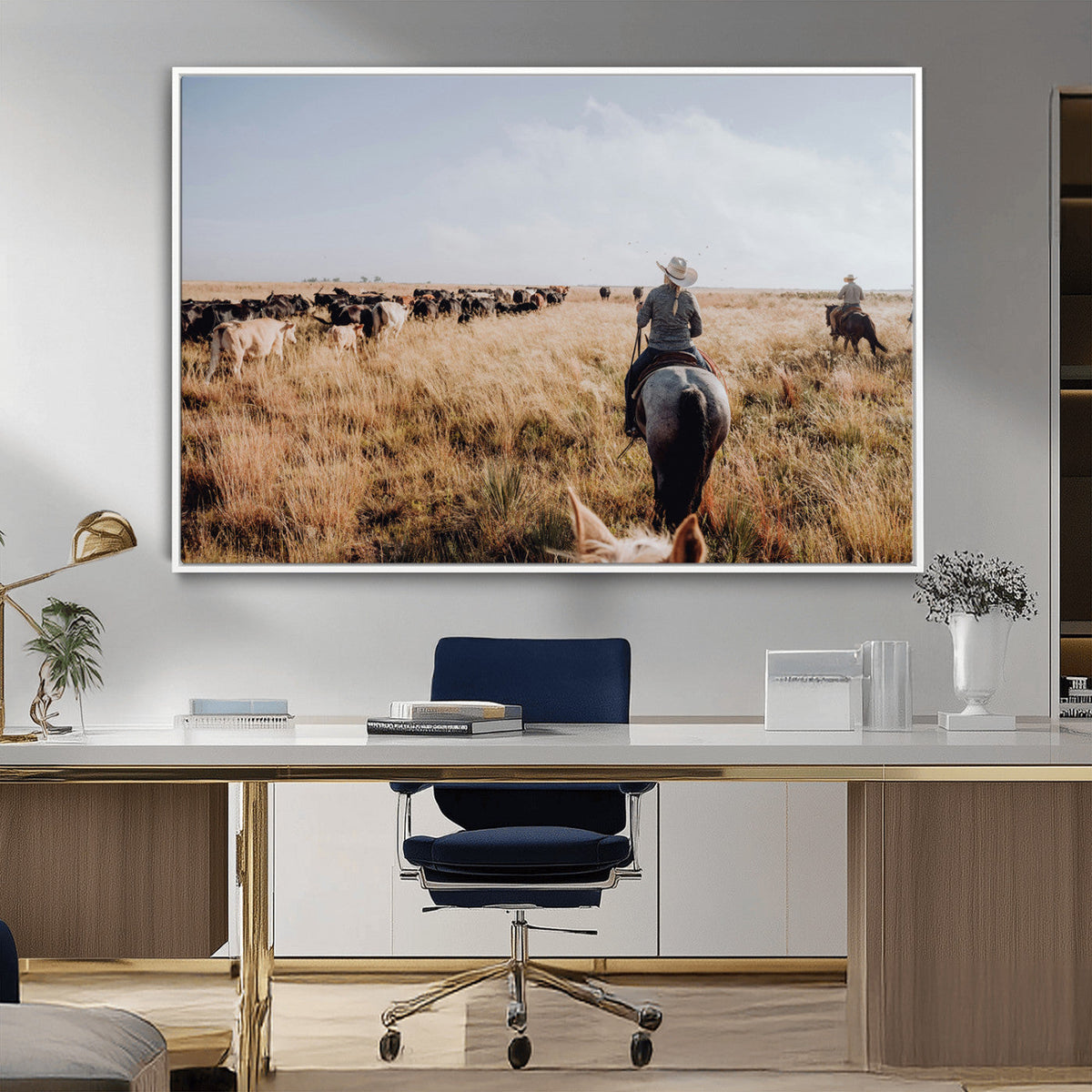 Western Wall Art Canvas Print, Framed Cowboy Cattle Drive Scene