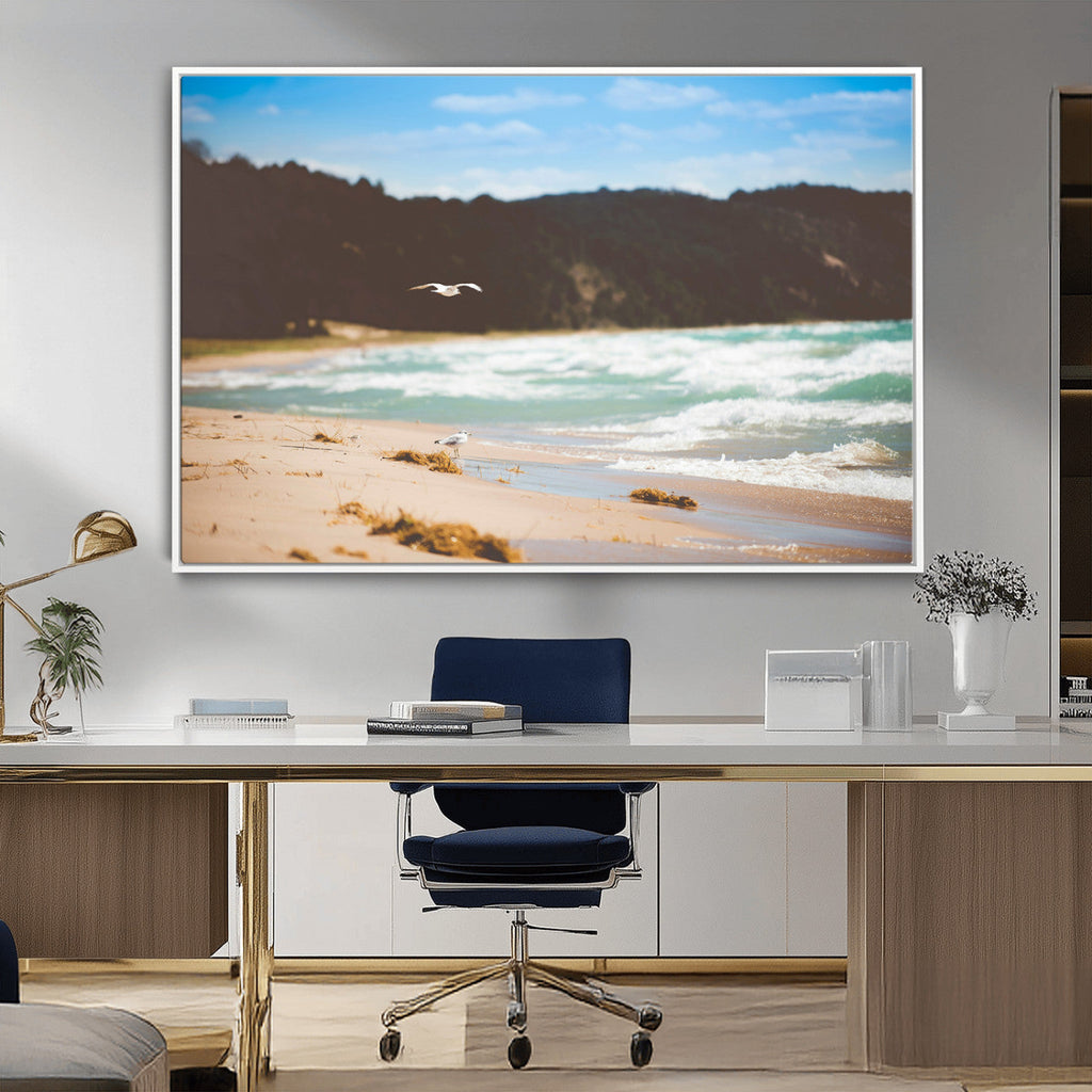 Tranquil Beach Wall Art Canvas Print, Framed Blue Ocean Waves on a Sandy Shore