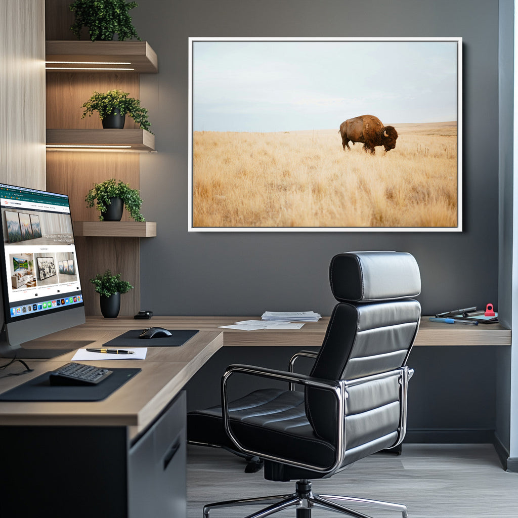 Buffalo Wall Art Canvas Print, Framed Western Wildlife Rustic Prairie Scene