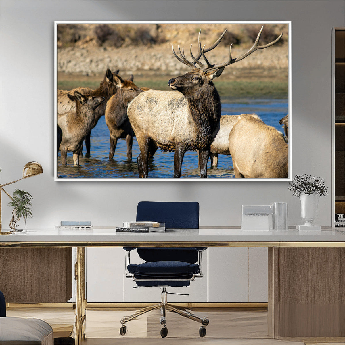 Wild Elk Wall Art Canvas Print, Framed Neutral Wildlife Scene