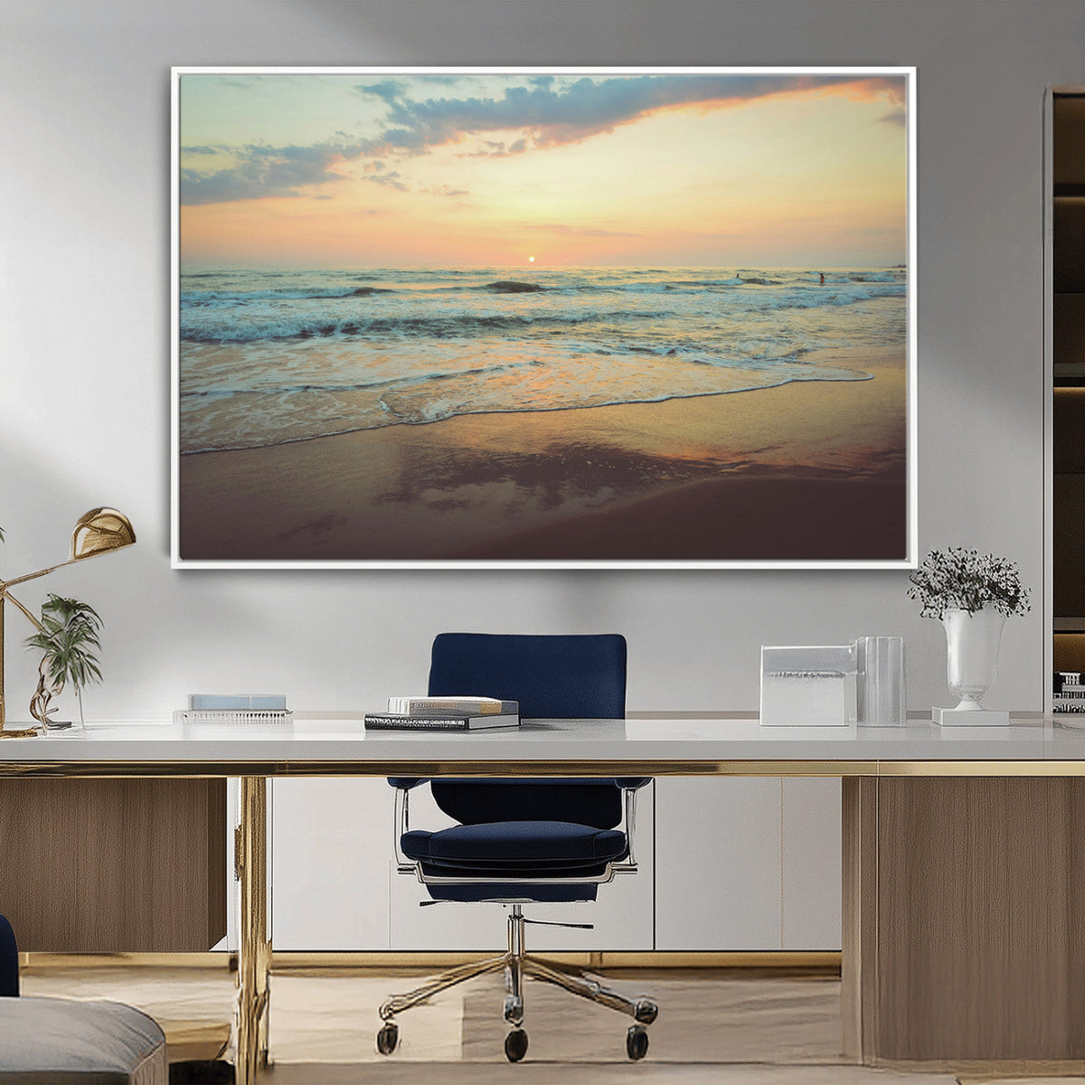 Sunset Seascape Wall Art Canvas Print, Framed Pastel Ocean View with Tranquil Shoreline