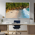 Tropical Beach Wall Art Canvas Print, Framed Ocean Waves and Palm Trees at Golden Sunset