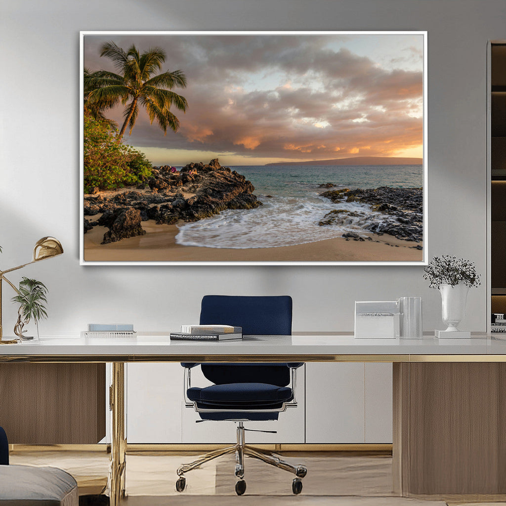 Tropical Beach Wall Art Canvas Print, Vibrant Hawaiian Sunset with Ocean Waves
