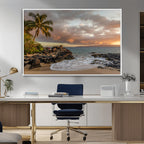 Tropical Beach Wall Art Canvas Print, Vibrant Hawaiian Sunset with Ocean Waves