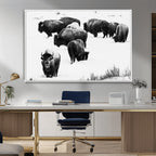 Buffalo Herd Wall Art Canvas Print, Framed Black and White Snowy Landscape