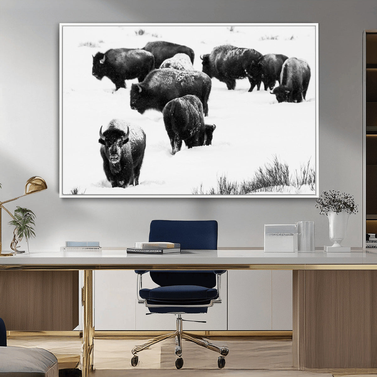 Buffalo Herd Wall Art Canvas Print, Framed Black and White Snowy Landscape