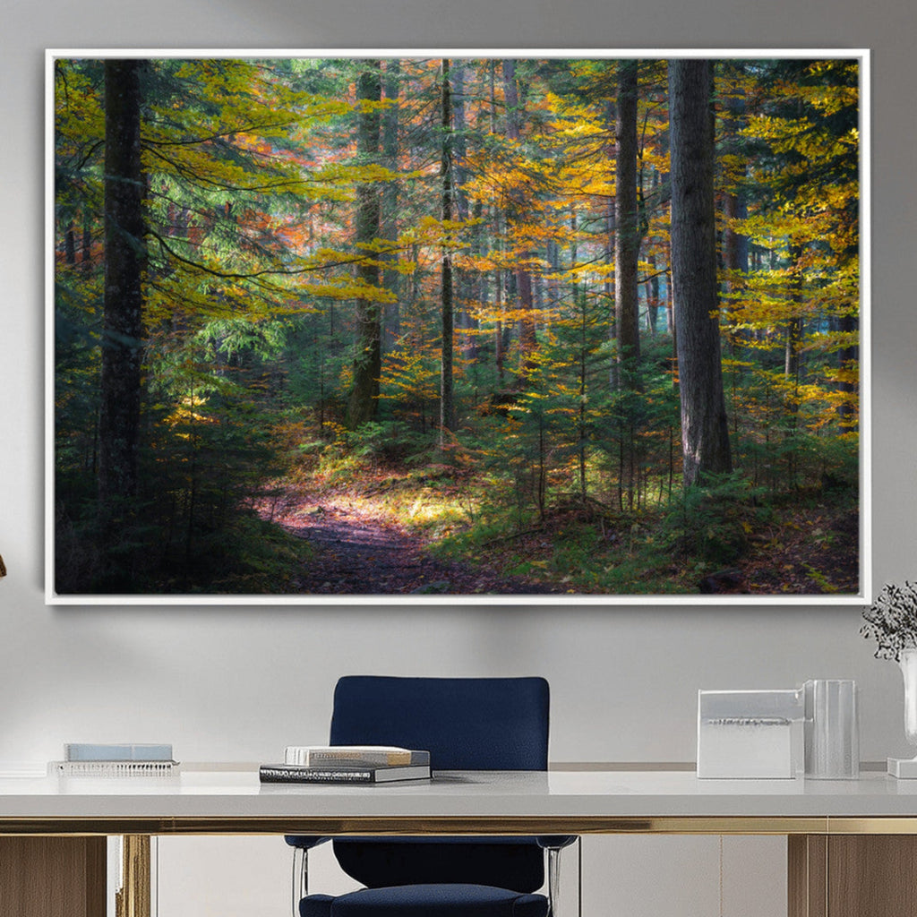 Autumn Forest Wall Art Canvas Print, Framed Fall Woodland with Golden Leaves