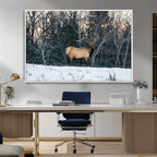 Wild Elk Wall Art Canvas Print, Framed Winter Wildlife in a Snowy Forest
