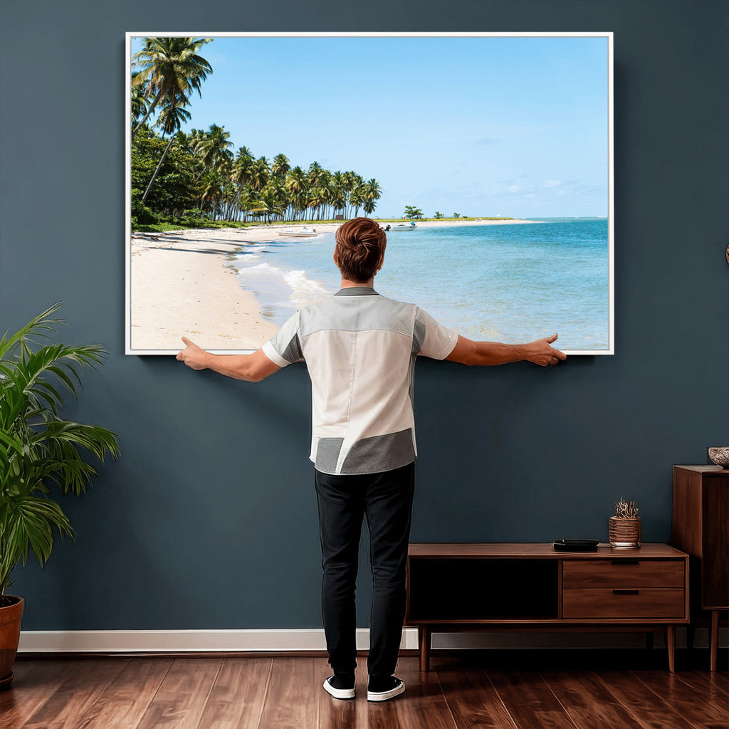Palm Tree Coast Wall Art Canvas Print, Framed Island Getaway with Crystal Blue Water