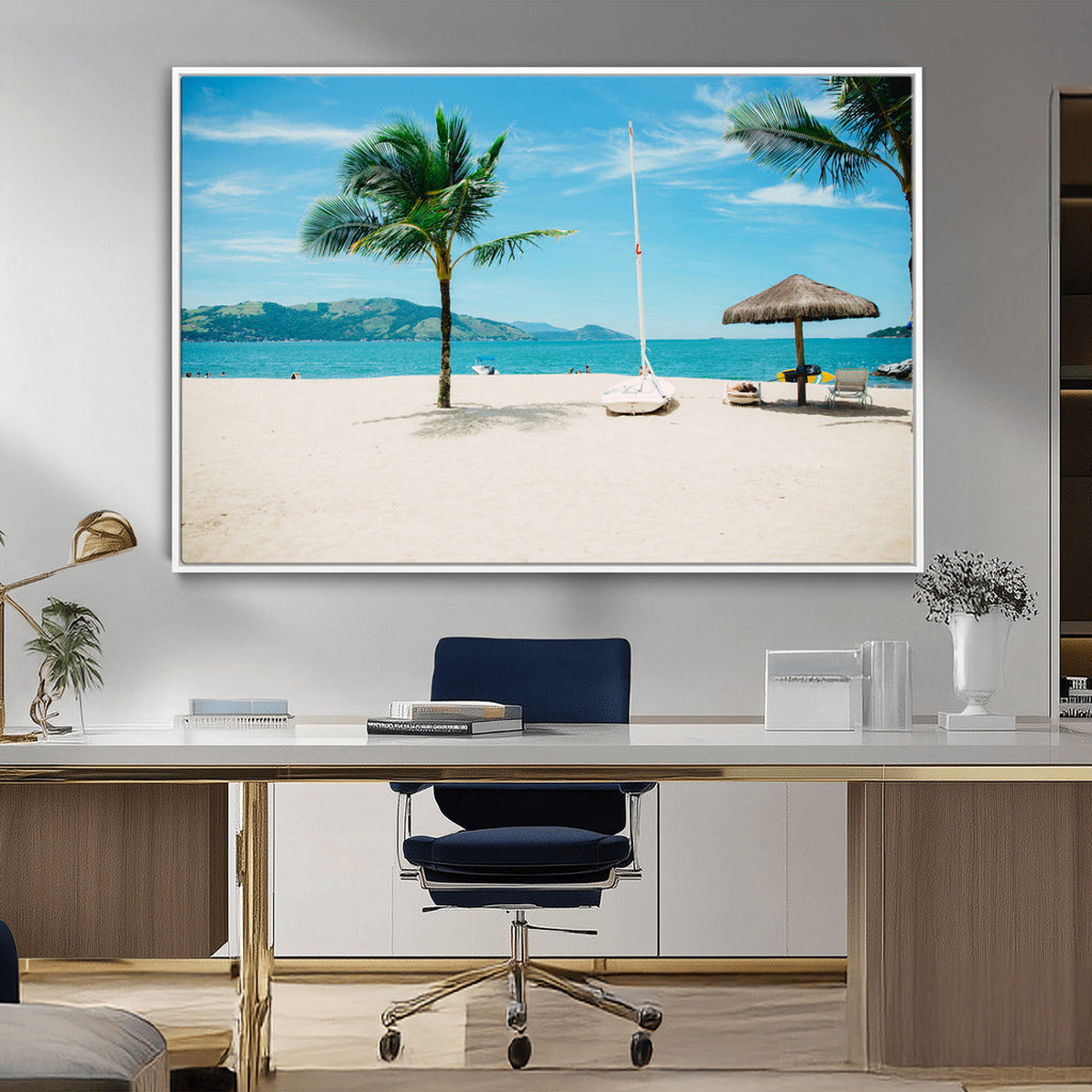 Tropical Beach Wall Art Canvas Print, Framed Palm Tree Ocean View with Calm Waves
