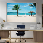 Tropical Beach Wall Art Canvas Print, Framed Palm Tree Ocean View with Calm Waves