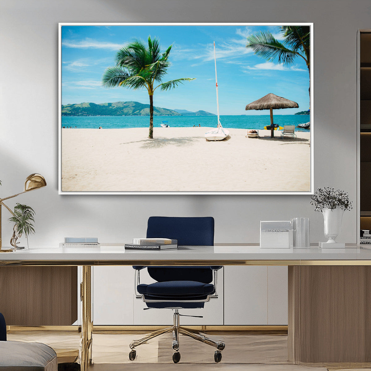 Tropical Beach Wall Art Canvas Print, Framed Palm Tree Ocean View with Calm Waves