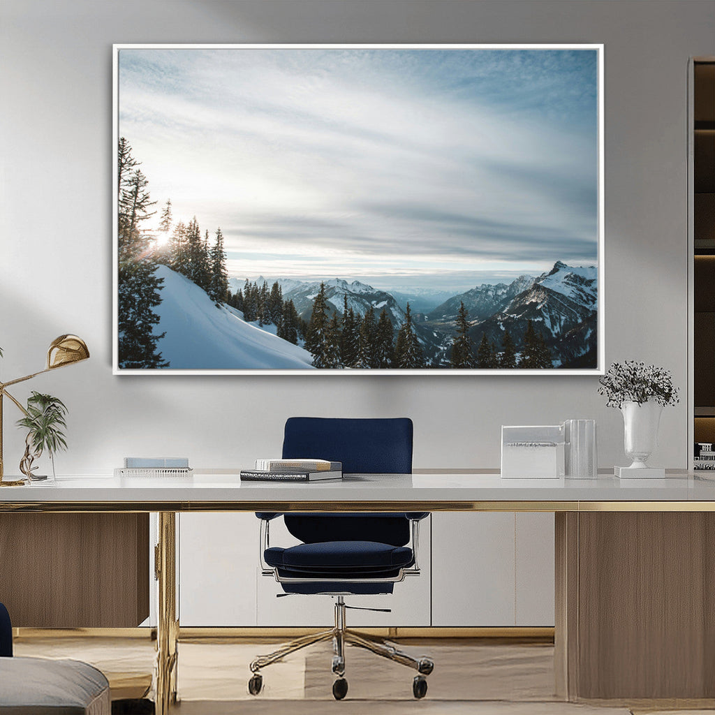 Snowy Mountains Wall Art Canvas Print, Framed Alpine Landscape Frosty Peaks Artwork