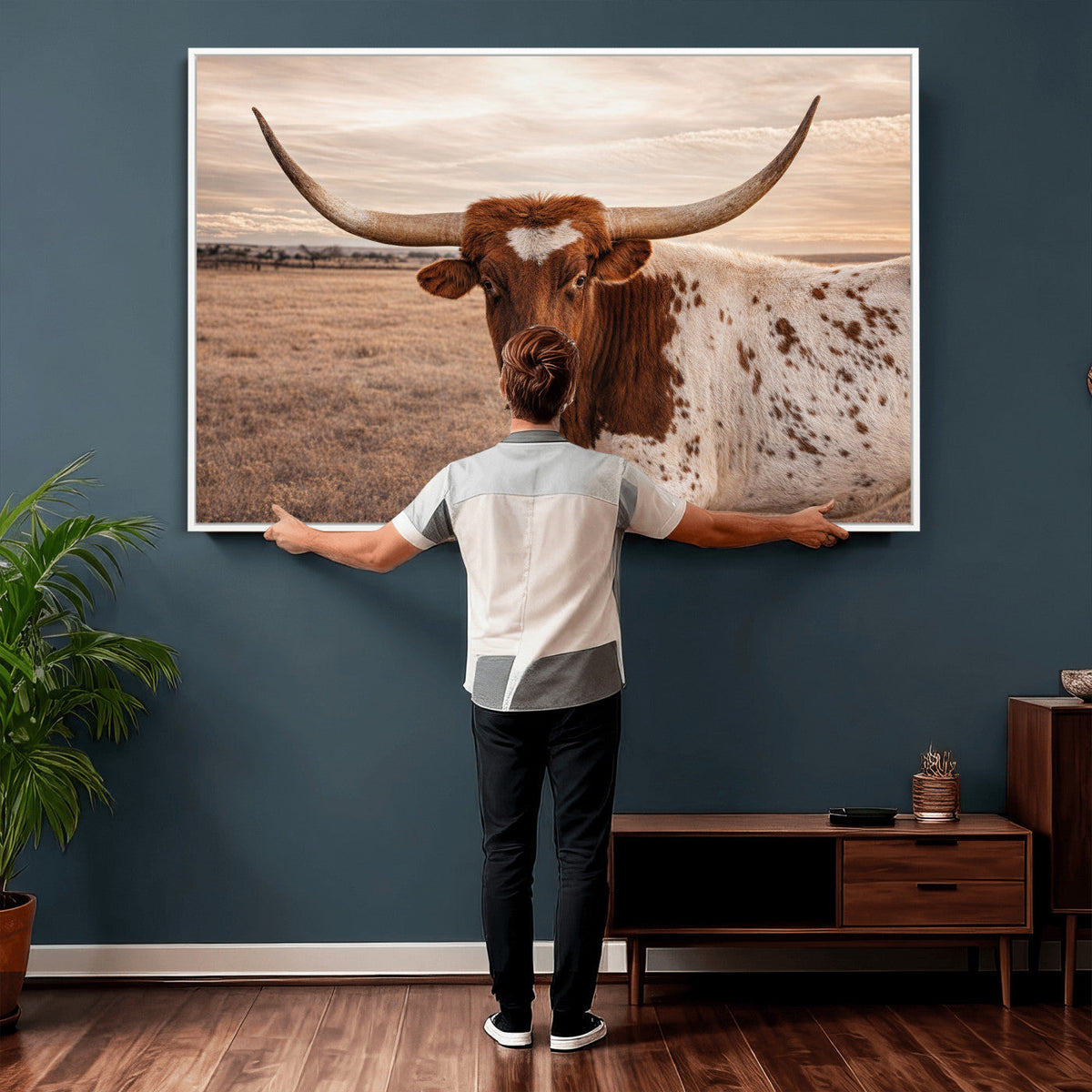 Texas Longhorn Cow Canvas Wall Art, Majestic Bull on a Rustic Western Farm