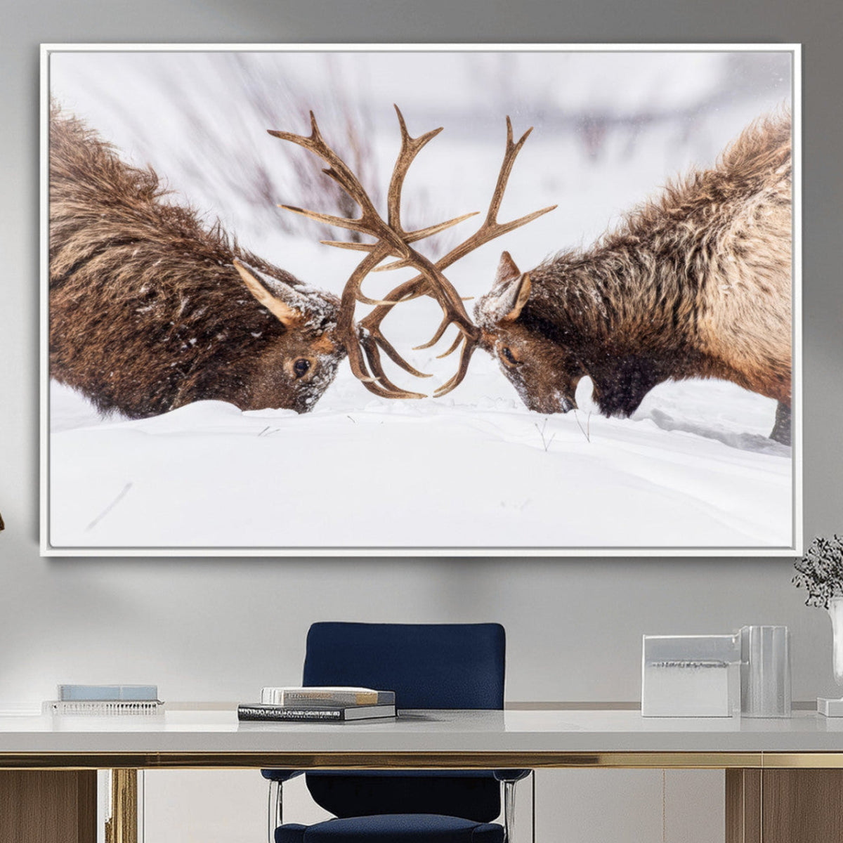 Dramatic Elk Antler Battle Wall Art Canvas Print, Snowy Wildlife Scene