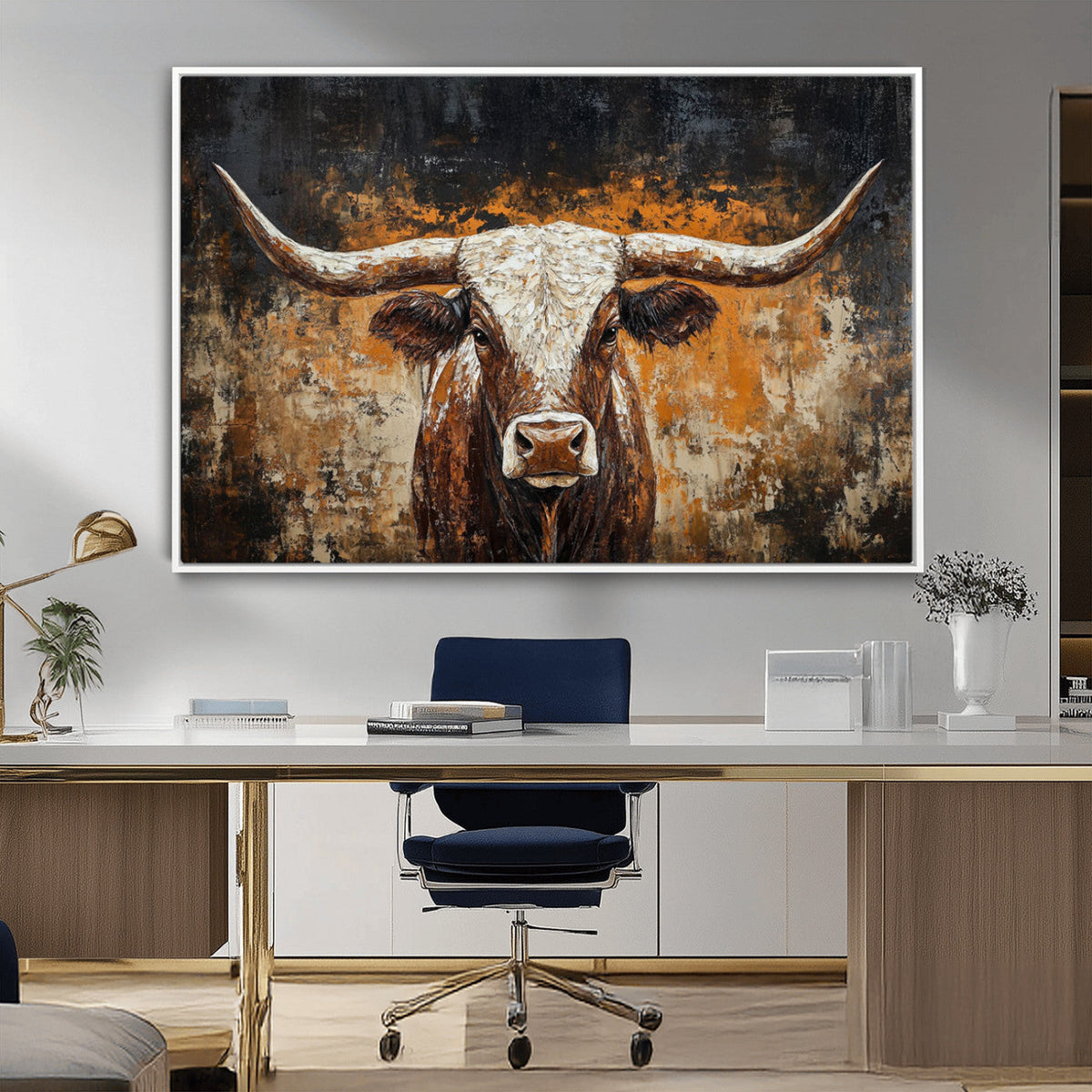 Abstract Longhorn Bull Wall Art Canvas Print, Vintage Western Texas Steer Artwork