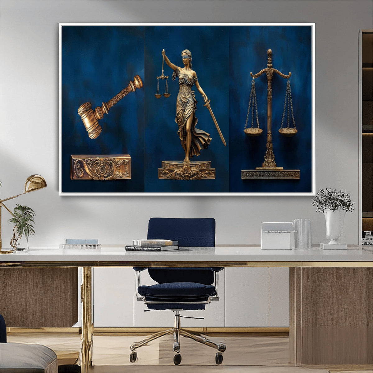 Lady Justice Wall Art Canvas Print, Elegant Gold Legal Symbols on Blue, Law Office Decor