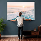 Sunset Surfing Wall Art Canvas Print, Ocean Wave Surfer with Golden Sky
