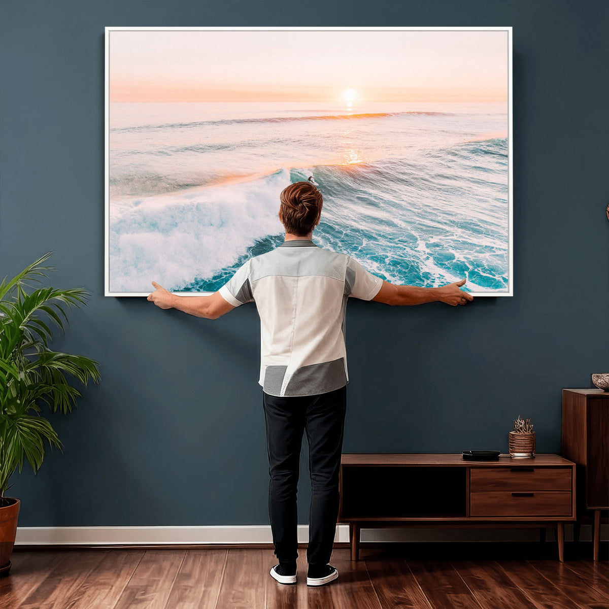 Sunset Surfing Wall Art Canvas Print, Ocean Wave Surfer with Golden Sky