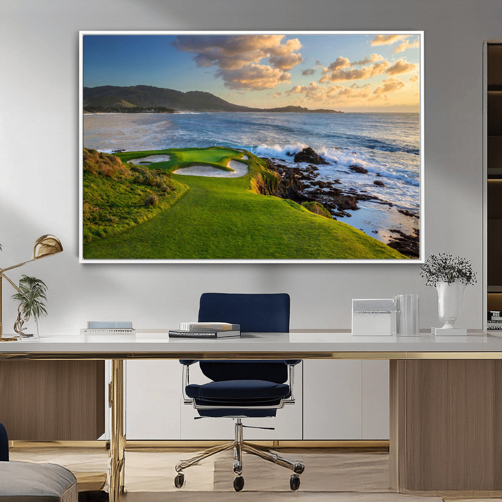 Coastal Golf Course Wall Art Canvas Print, Sunset with Rolling Green Fairways and Ocean Waves