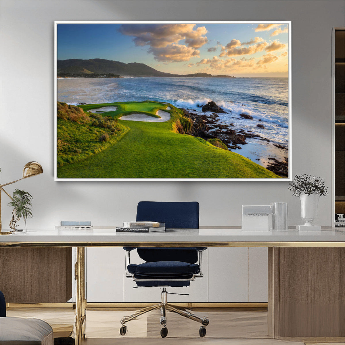 Coastal Golf Course Wall Art Canvas Print, Sunset with Rolling Green Fairways and Ocean Waves