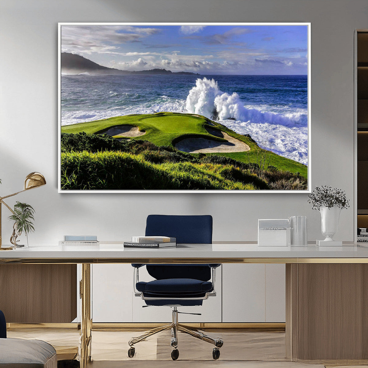 Ocean Waves Crashing Wall Art Canvas Print, Dramatic Rocky Coastline Near a Golf Course