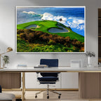 Coastal Golf Course Wall Art Canvas Print, Vibrant Green with Sand Bunkers and Ocean Waves