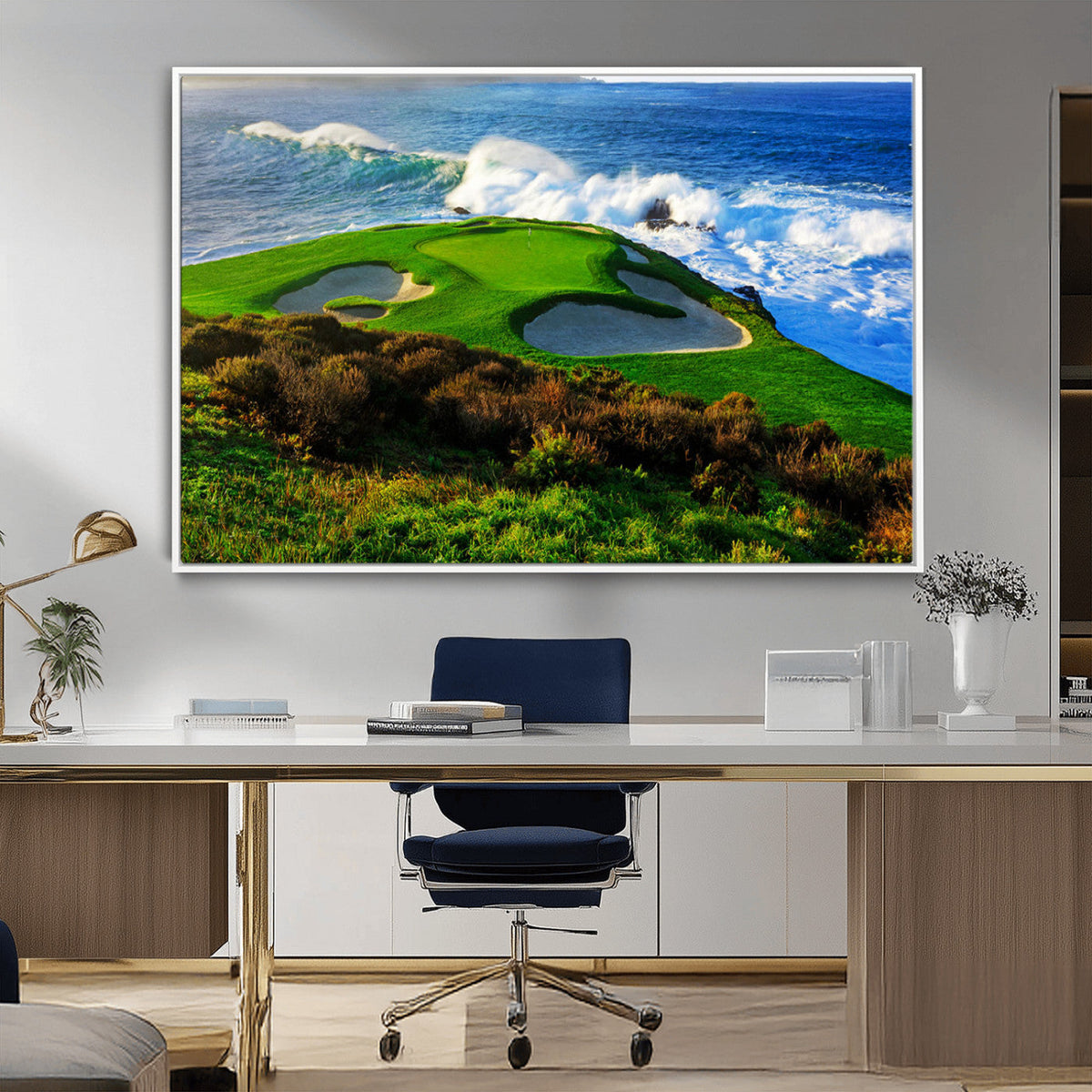 Coastal Golf Course Wall Art Canvas Print, Vibrant Green with Sand Bunkers and Ocean Waves