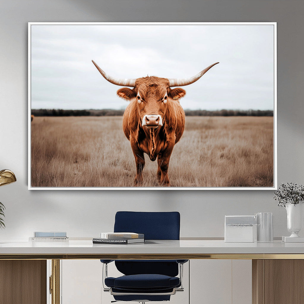 Longhorn Bull Wall Art Canvas Print, Framed Rustic Decor