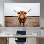 Longhorn Bull Wall Art Canvas Print, Framed Rustic Decor