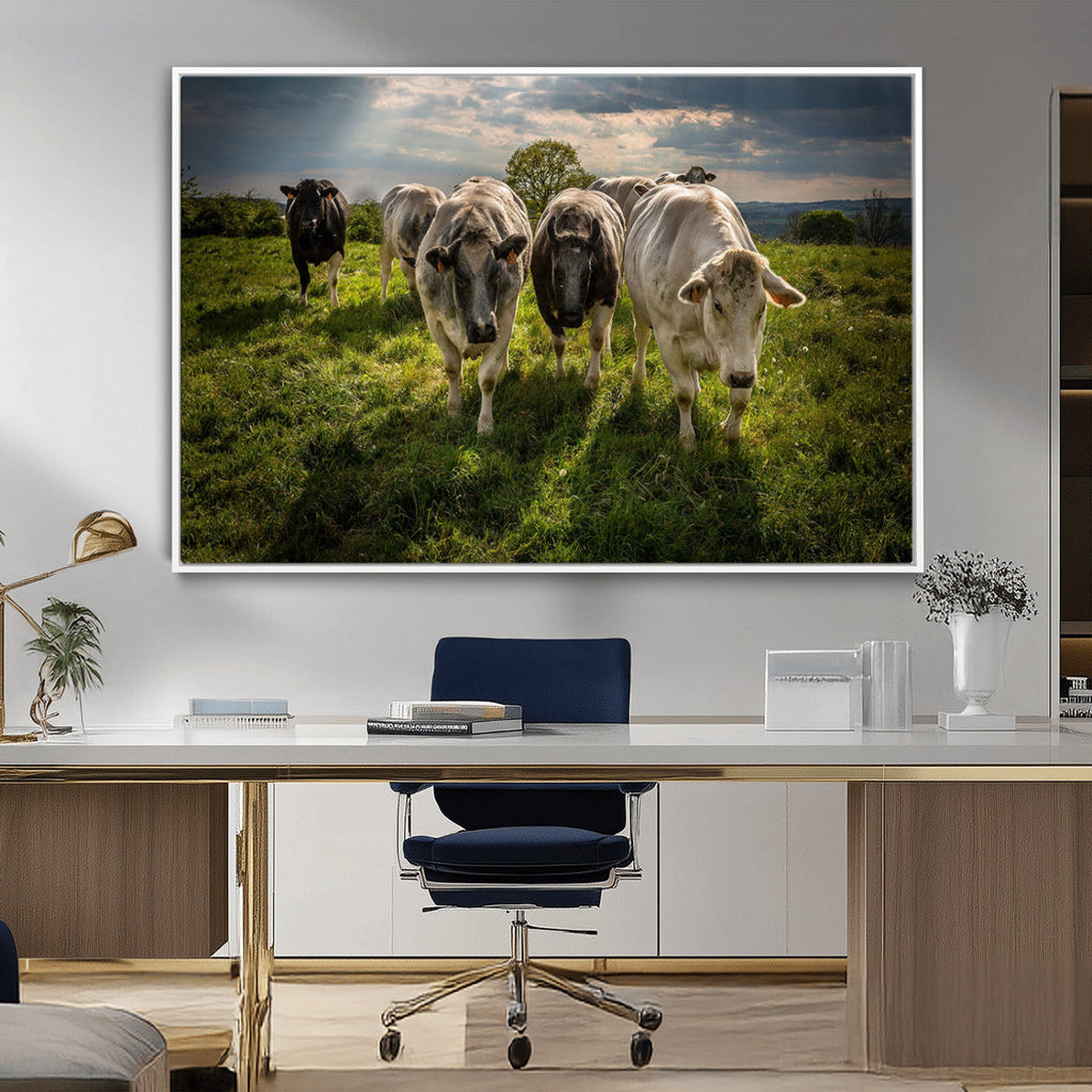 Grazing Cattle Herd Wall Art Canvas Print, Framed Green Pasture Farm Scene