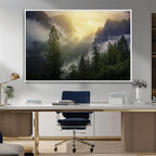 Misty Forest Sunrise Wall Art Canvas Print, Framed Mountain Valley Pine Trees